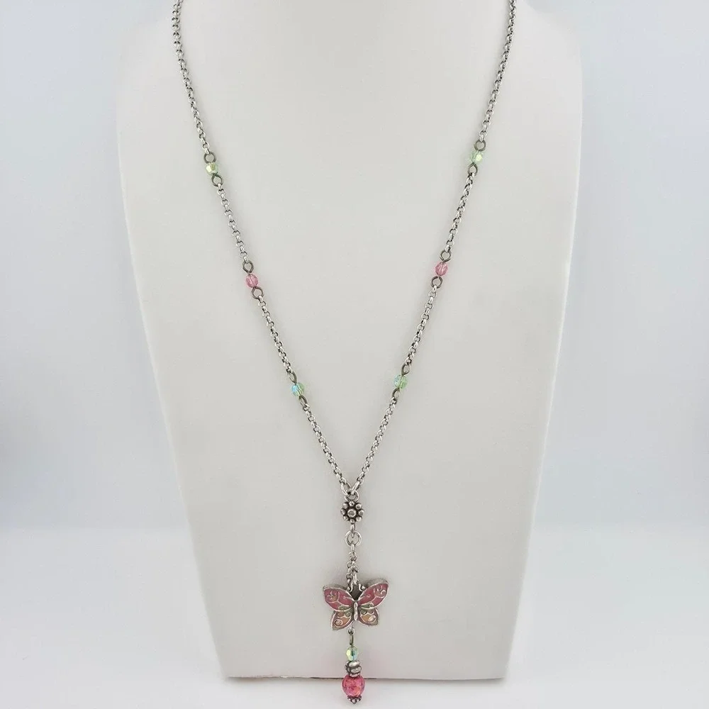BRIGHTON Flutter Y Necklace Butterfly Pink Green Crystal Enamel Silver Plate 19" - Picture 4 of 12